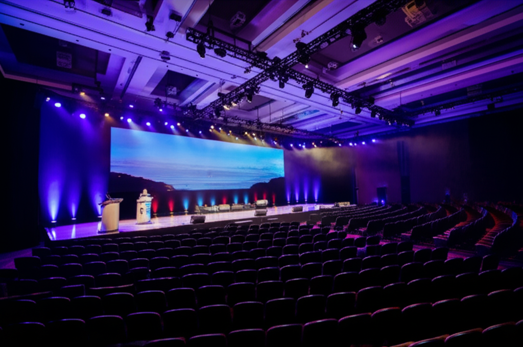 Evento corporativo con escenario profesional